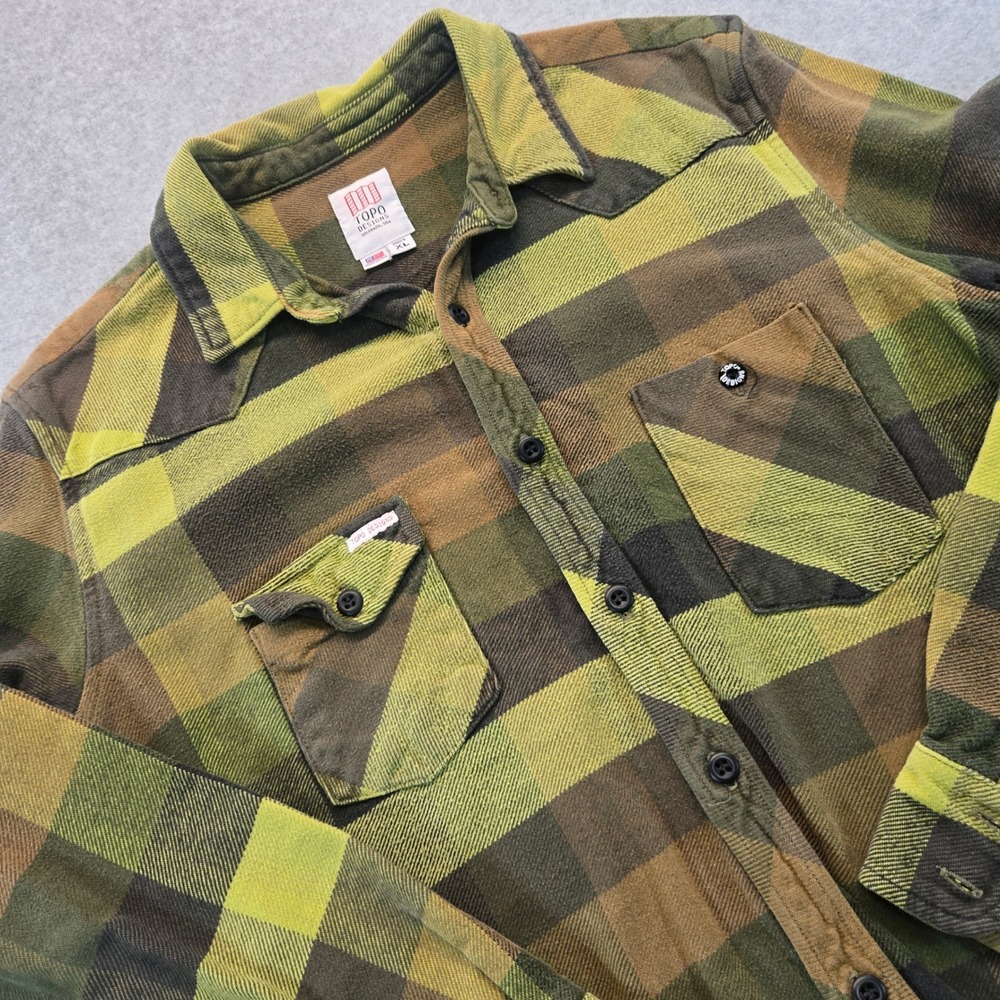 Topo Designs Mens XL Flannel Shirt Green Plaid Made in USA Western Yoke Cotton